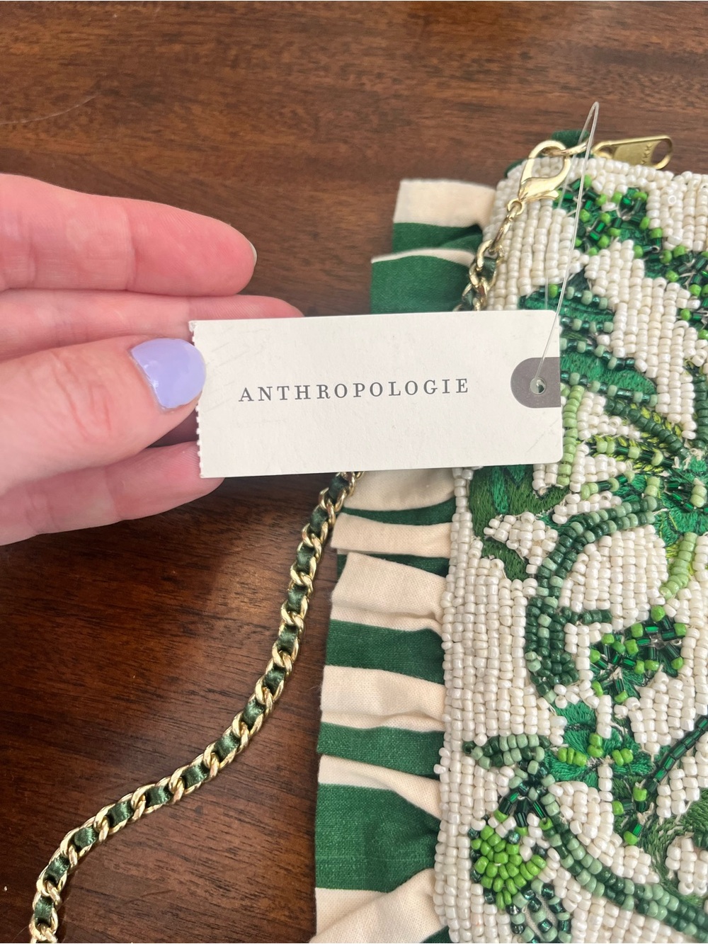 Anthropologie Green and White M Anna Embroidered Ruffle Beaded Crossbody Bag - Picture 7 of 11